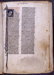 Opening of text, with large illuminated initial showing Jerome writing. Rubric, red placemarkers, and name of text in red and blue