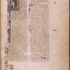 Large opening initial showing Jerome as scribe, extending far into border. 2-line red and blue initials with penwork. Placemarkers, chapter numbers. Note of ownership in upper margin.