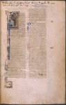 Large opening initial showing Jerome as scribe, extending far into border. 2-line red and blue initials with penwork. Placemarkers, chapter numbers. Note of ownership in upper margin.