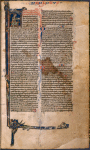 Opening of text, large initial with Jerome as scribe and elaborate extension into border.  Small initials with penwork, rubrics, placemarkers, book name and chapter numbers in red and blue.