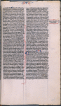 Page of text with small initials and penwork, placemarkers, book name and chapter numbers, and commentary box.