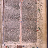 Opening of text with large initial, rubric, full border design, small initials with penwork, placemarkers, name of book and chapter number in red and blue.  Later note and library stamp
