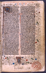 Opening of text with large initial, rubric, full border design, small initials with penwork, placemarkers, name of book and chapter number in red and blue.  Later note and library stamp