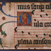 Front cover, large initial on gold field, with vines extending into border, and music