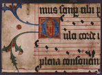 Front cover, large initial on gold field, with vines extending into border, and music