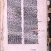 Opening of surviving text with placemarkers, rubrics, small initial, notes on content in upper and lower margins