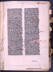 Opening of surviving text with placemarkers, rubrics, small initial, notes on content in upper and lower margins