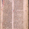 Opening of text, with large and small initials, rubric, placemarkers, name of book and chapter number in red and blue, note of ownership.