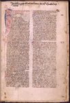 Opening of text, with large and small initials, rubric, placemarkers, name of book and chapter number in red and blue, note of ownership.