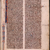 Opening of Genesis with large puzzle initial and elaborate penwork, placemarkers, 1-line initials, book and chapter number in red and blue, marginal note