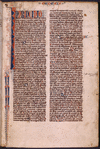 Opening of Genesis with large puzzle initial and elaborate penwork, placemarkers, 1-line initials, book and chapter number in red and blue, marginal note