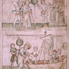 Full-page miniature showing John before the provost, and en route to Rome.  Text, with red placemarkers.