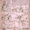 First vision: John writes his text while on the island of Patmos; the Son of Man, with sword in his mouth, amongst the seven candlesticks; angels with the seven churches