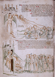 Sixth vision: an angel pours out the fourth vial on the sun, causing it to burn the people; an angel pours the fifth vial on the throne of the beast, and people bite their tongues in agony