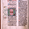 Music; 6-line green initial on gold field with gold lettering on band across center of initial reading "Potestates," one of the nine choirs of angels; names of other choirs occur on other leaves