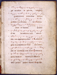 Page of music and text. Staves with single red line