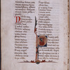 Historiated initial with grotesque animal head. Note also stub of music folio (for which see descriptin of Part 1; it may originally have served as cover for this quire in Part 2)
