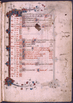 Opening page of calendar with the month of January; the feast of the octave of Thomas Becket and the mention of the word "pope" at the feast of St. Marcellus have been erased