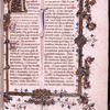 Opening of main text with large initial, border decoration; sketches of birds in lower border
