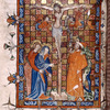 Crucifixion, including Longinus and the Centurion of Capernaum, against a red and gold tesselated background; small cross in the lower margin