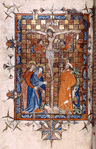Crucifixion, including Longinus and the Centurion of Capernaum, against a red and gold tesselated background; small cross in the lower margin