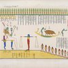 Bassorilievo della tomba di Ramses VI, rappresentanza mistica della metensomatosi egizia. Le anime salgono al cospetto di Osiride [Osiris] giudice nell' Amenti, e secondo il giudizio, volano tra li spiriti puri, o ritornano in animaleschi corpi?