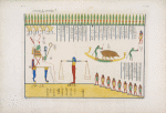 Bassorilievo della tomba di Ramses VI, rappresentanza mistica della metensomatosi egizia. Le anime salgono al cospetto di Osiride [Osiris] giudice nell' Amenti, e secondo il giudizio, volano tra li spiriti puri, o ritornano in animaleschi corpi?