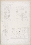 Amada: 1. Thutmes-Moeris [Thutmose III] abbracciato da Amon-re. 2. Viene a dedicare un edifizio insieme con Saf [Seshat]. 3. E abbracciato da Iside [Isis]. 4. Offre fiori ed oche a Phre [Ra].