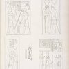 Fig. 1. Il re Osorkon riceve lo scettro degli anni da Amon-rê .  Fig. 2, 3. Il re Sciabak [Shabaka] abbracciato da Athyr [Hathor] e da Tamon [Neith]. Fig. 4. Statuetta di Phrê con leggenda di Sciabak.  Fig. 5. Il re Sciabatok  fa offerte ad Amon-rê e Mut.