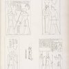 Fig. 1. Il re Osorkon riceve lo scettro degli anni da Amon-rê .  Fig. 2, 3. Il re Sciabak [Shabaka] abbracciato da Athyr [Hathor] e da Tamon [Neith]. Fig. 4. Statuetta di Phrê con leggenda di Sciabak.  Fig. 5. Il re Sciabatok  fa offerte ad Amon-rê e Mut.