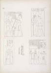 Fig. 1. Il re Osorkon riceve lo scettro degli anni da Amon-rê .  Fig. 2, 3. Il re Sciabak [Shabaka] abbracciato da Athyr [Hathor] e da Tamon [Neith]. Fig. 4. Statuetta di Phrê con leggenda di Sciabak.  Fig. 5. Il re Sciabatok  fa offerte ad Amon-rê e Mut.