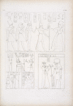 Fig. 1. Il re Siphtah riceve l'arme della forza da Amon-rê cui seguono i re antenati (Palazzo di Gurnah). Fig. 2. Il medesimo fa offerte a varie deità.  Fig. 3. La regina Taosra [Tawosret] offre due vasi a Phrê.