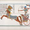 Ramses III [Ramses II] lanciato col suo carro, e seguito da tre figli ugualmente sul carro, assale una fortezza piantata sopra una rupe, saettandone gli atterriti difensori.