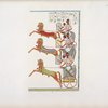 Ramses III [Ramesses II] lanciato col suo carro, e seguito da tre figli ugualmente sul carro, assale una fortezza piantata sopra una rupe, saettandone gli atterriti difensori.