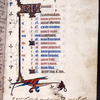 Opening page of calendar for the month of January. Entries for every line in French, alternating two red and two blue lines, with major feasts in gold. Dragon grotesque in lower margin
