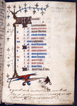 Opening page of calendar for the month of January. Entries for every line in French, alternating two red and two blue lines, with major feasts in gold. Dragon grotesque in lower margin
