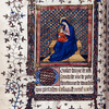 Opening of section of prayers in French, "Doulce dame de misericorde." Miniature of the Virgin and Child enthroned