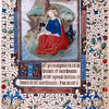 Miniature of John the Evangelist, 3-line blue initial, border design.  Main hand (hand 1)