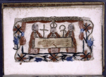 Embroidery, s. XVII?, of a bishop and two clerics holding up a shroud with the impression of Christ's body (suggested to be the Shroud of Besançon)