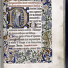 Virgin and Child, standing on a crescent moon as the Woman of the Apocalypse; lion in the border design; rubric stating that the hours are for the use of Rome