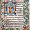7-line historiated initial of a frontally viewed hell mouth, open to show two naked souls praying against red flames