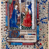 Opening of main text, miniature of Annunciation with border decoration, initials and linefiller