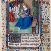 Seated Virgin holding the Child, in an enclosed garden, with three angels singing from a scroll (with musical notation?)