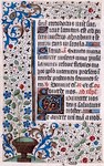 Page of text with rubrics, initials, linefillers and catchword.  Border design