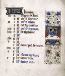 Opening page of calendar, written in French, and miniature of seasonal activity