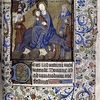 Flight into Egypt with Mary and Child on a donkey, Joseph and a servant girl with a basket on her head; in the background, the miracle of the cornfield