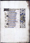 Page of calendar for the month of February, in French, with entries for each day; border decoration includes a winged grotesque