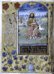 John the Baptist with the Lamb of God; in the background, the Baptism of Christ. Text in gold majuscules on a black ground