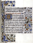 Opening of French text of the Fifteen Joys of the Virgin; precisely designated border in C-shape triggered by 3-line initial, and on the right in a band corresponding to the height of the text block