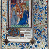 Opening of text.  Miniature of Annunciation, initials, full border design.